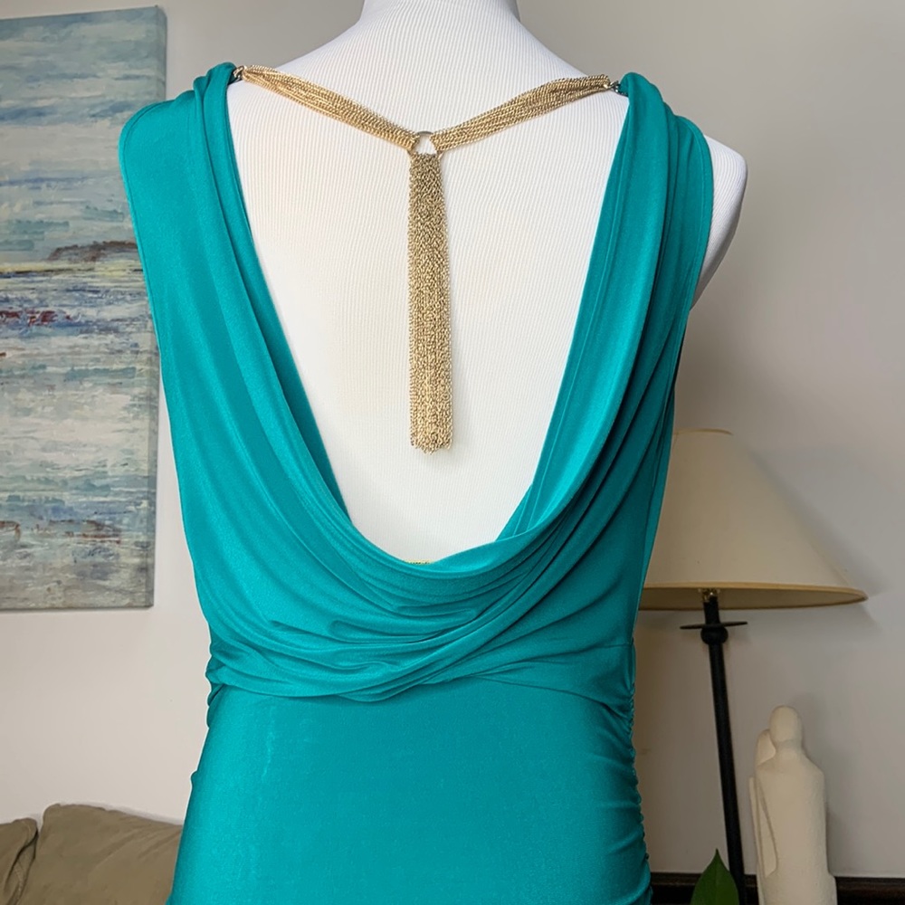 Freakum Dress Green Bodycon Spandex L Ruched Jeweled Back Chain Sleeveless Mini